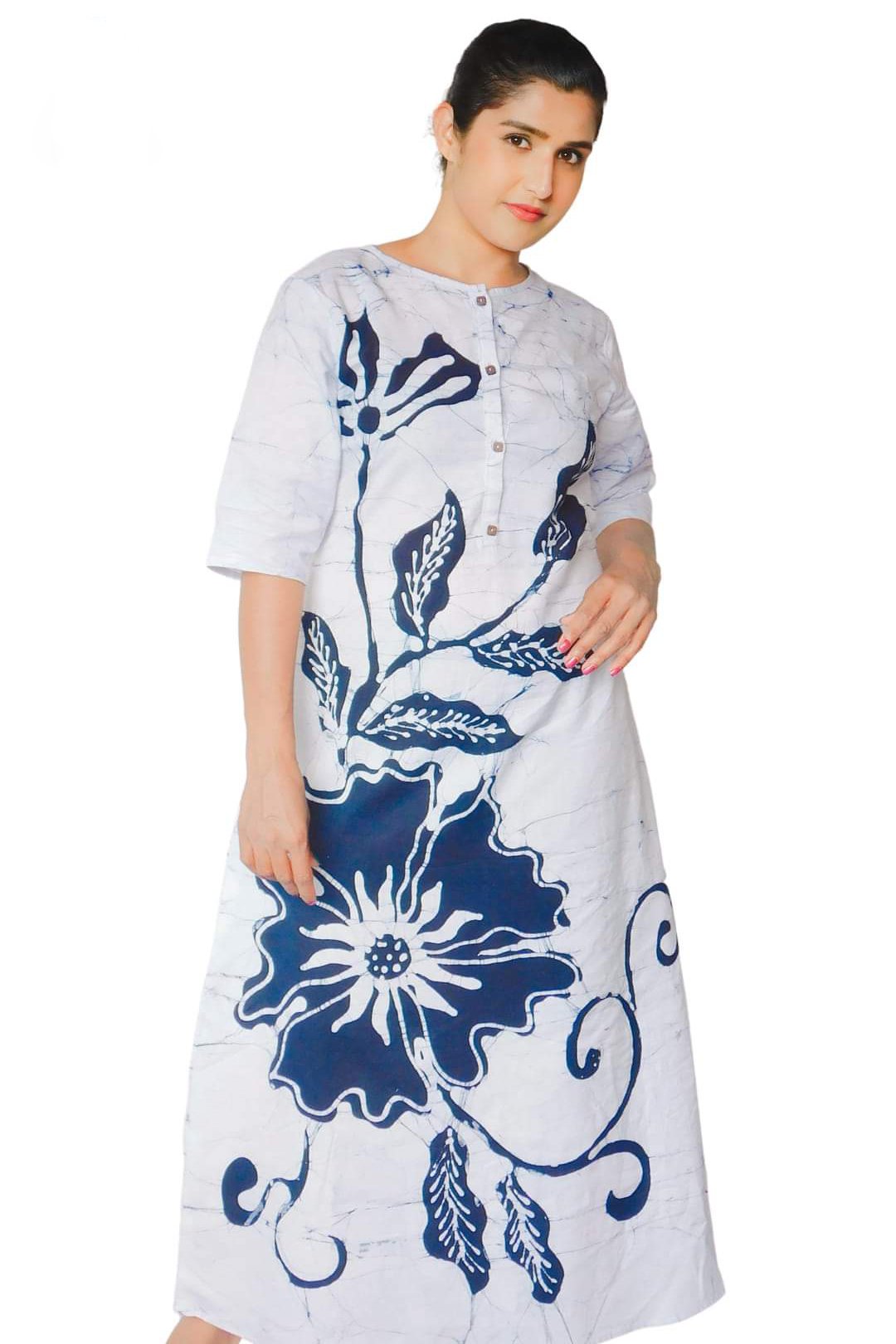 Dark Blue Big Flower Batik Frock